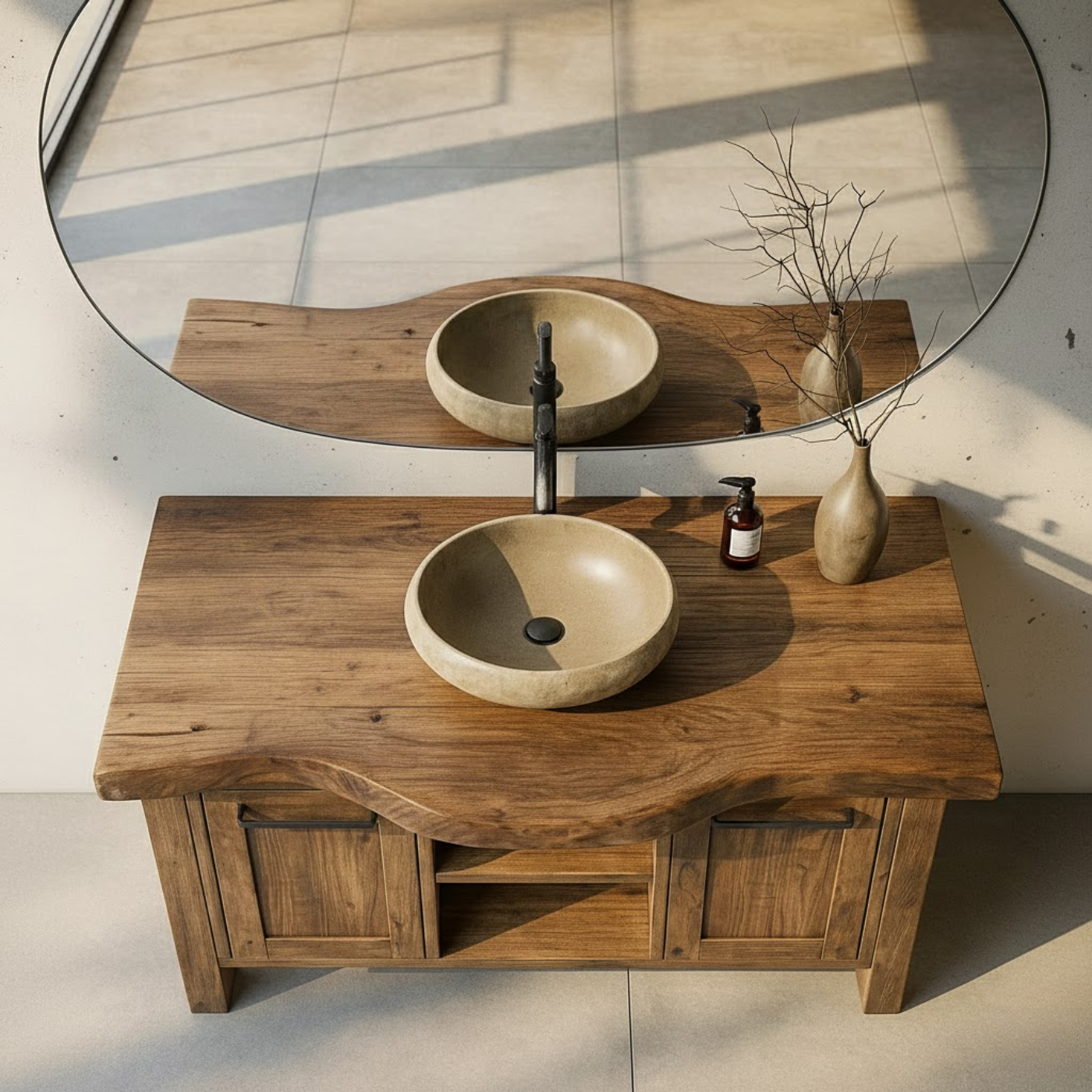 Solid Wood Bathroom Vanity with Double Door Cabinets and Open Center Shelf
