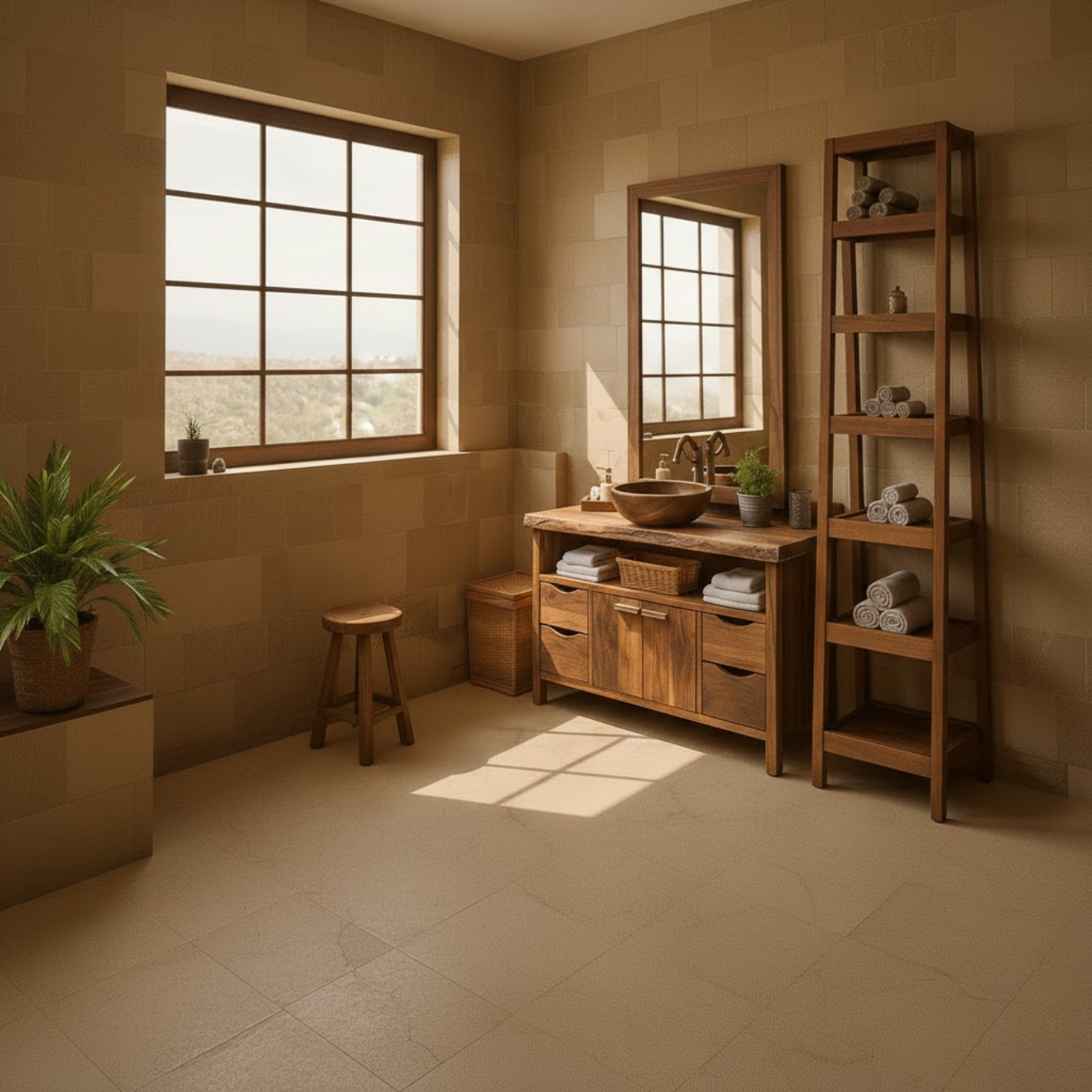 Rustic Solid Wood Bathroom Vanity Cabinet with Multi-Drawer Storage and Open Shelf