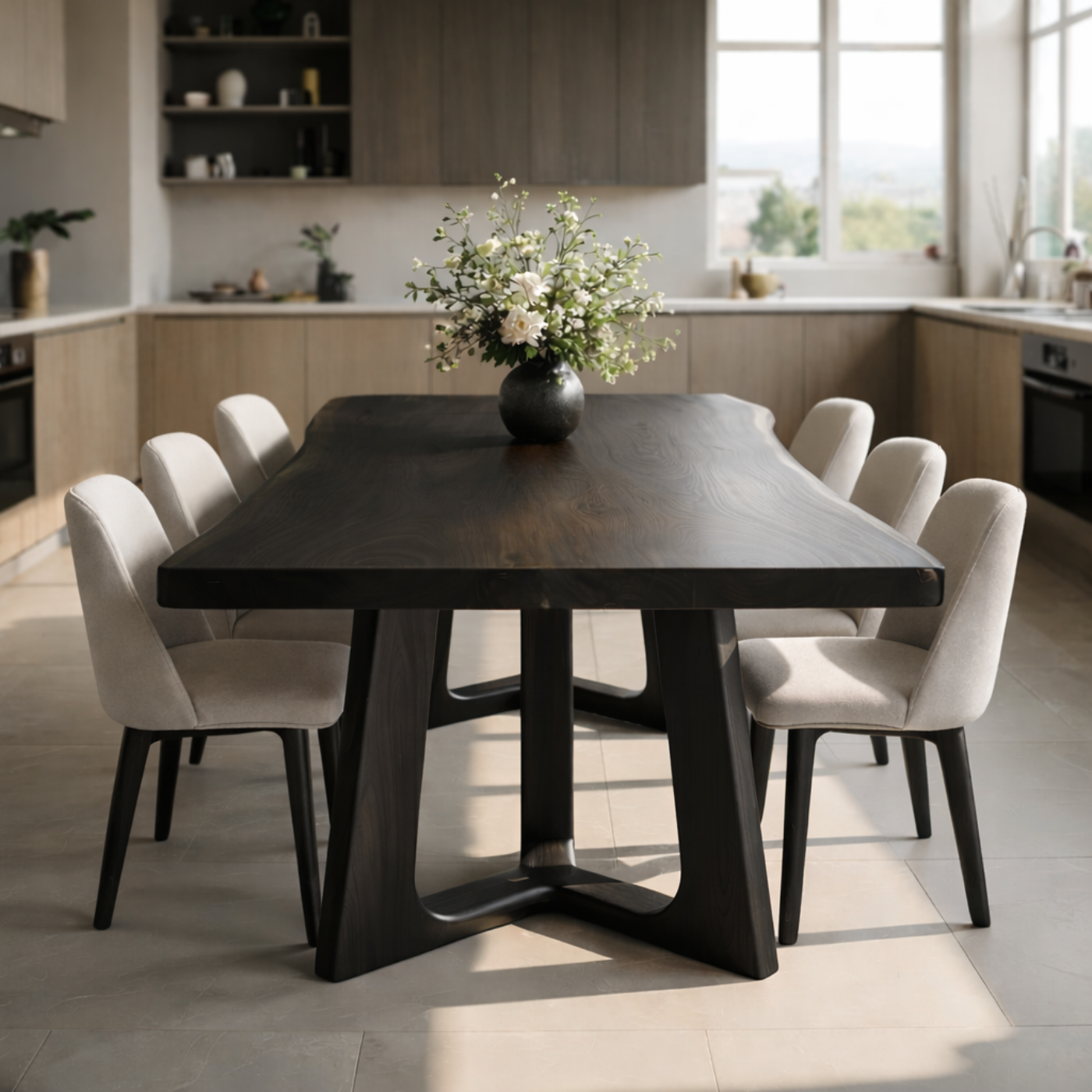 Organic Solid Wood Dining Table with Sculptural Pedestal Base