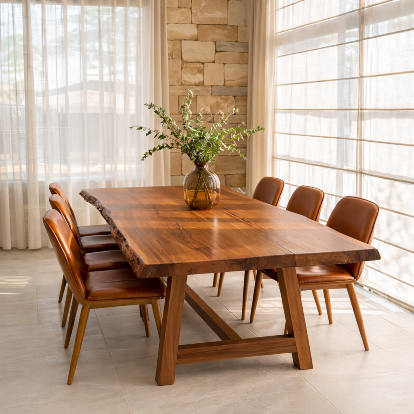 Live Edge Solid Wood Dining Table for Dining Room with Wooden Base