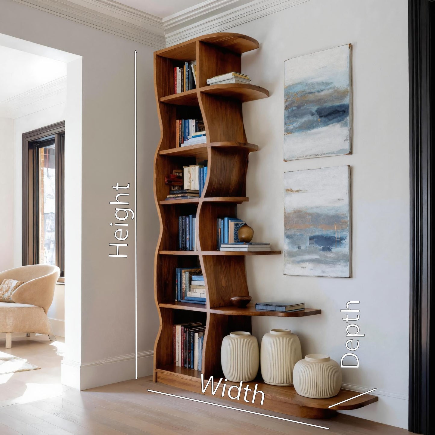 Modern Bookshelf With Wavy Design For Living Room Kitchnce