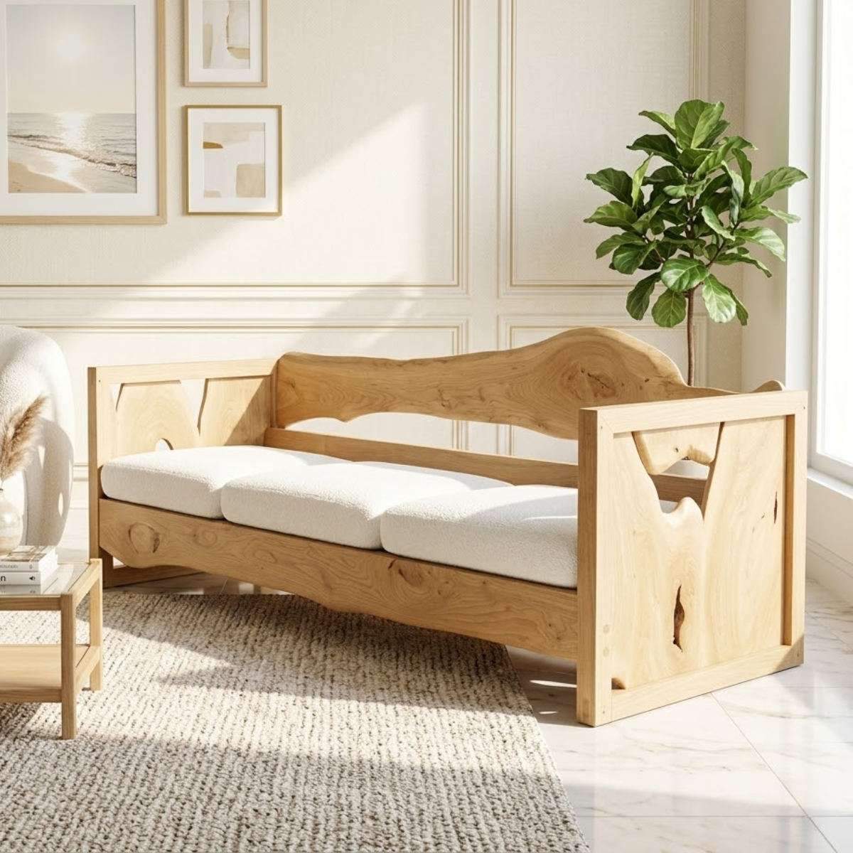 Organic Modern Wooden Sofa, Minimalist Daybed Couch for Elegant Modern Interiors