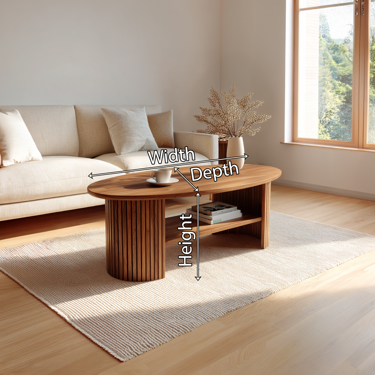 Oval Coffee Table with Fluted Base and Open Shelf Design