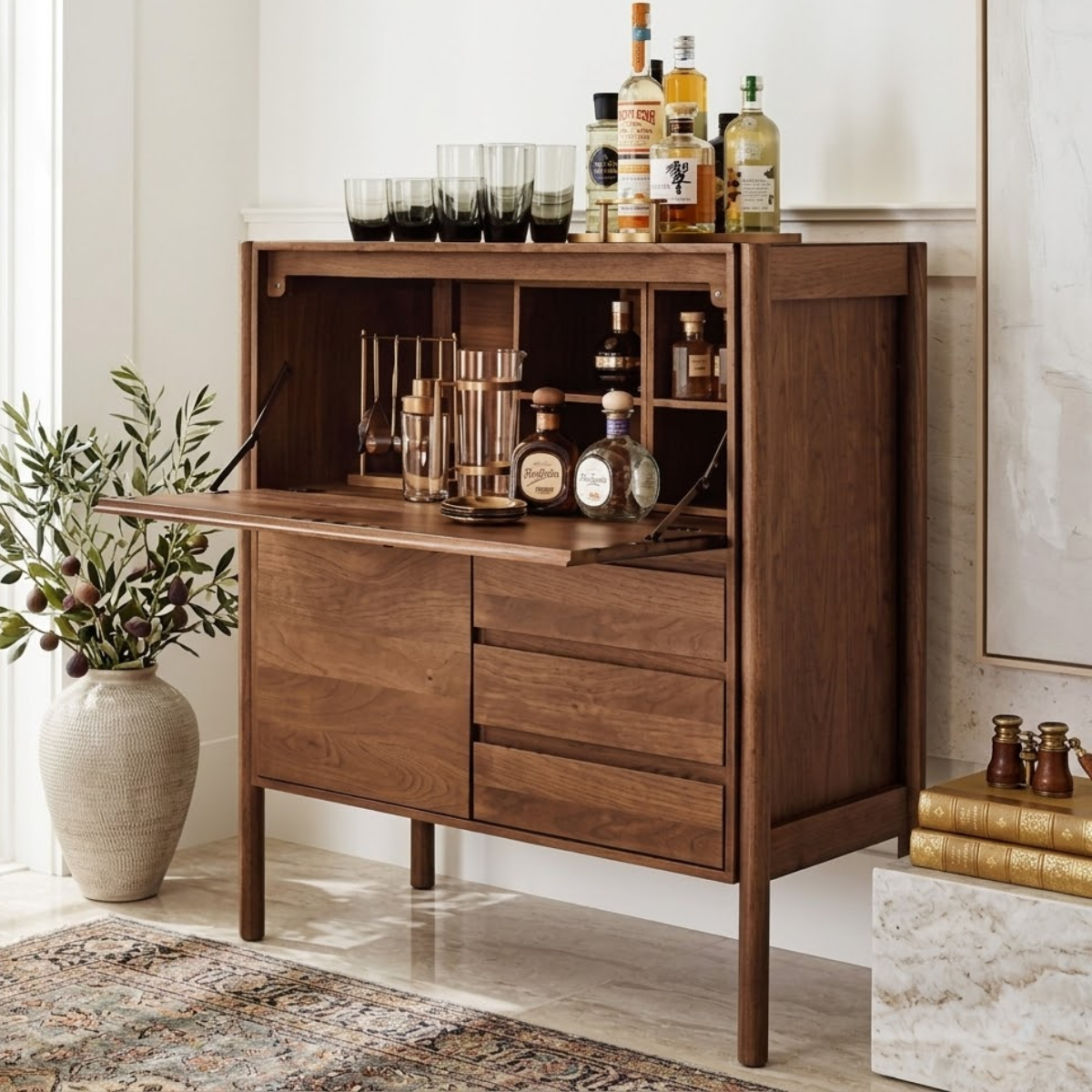 Mid Century Bar Cabinet, Fold-Down Cocktail Console with Glassware Bottle Storage