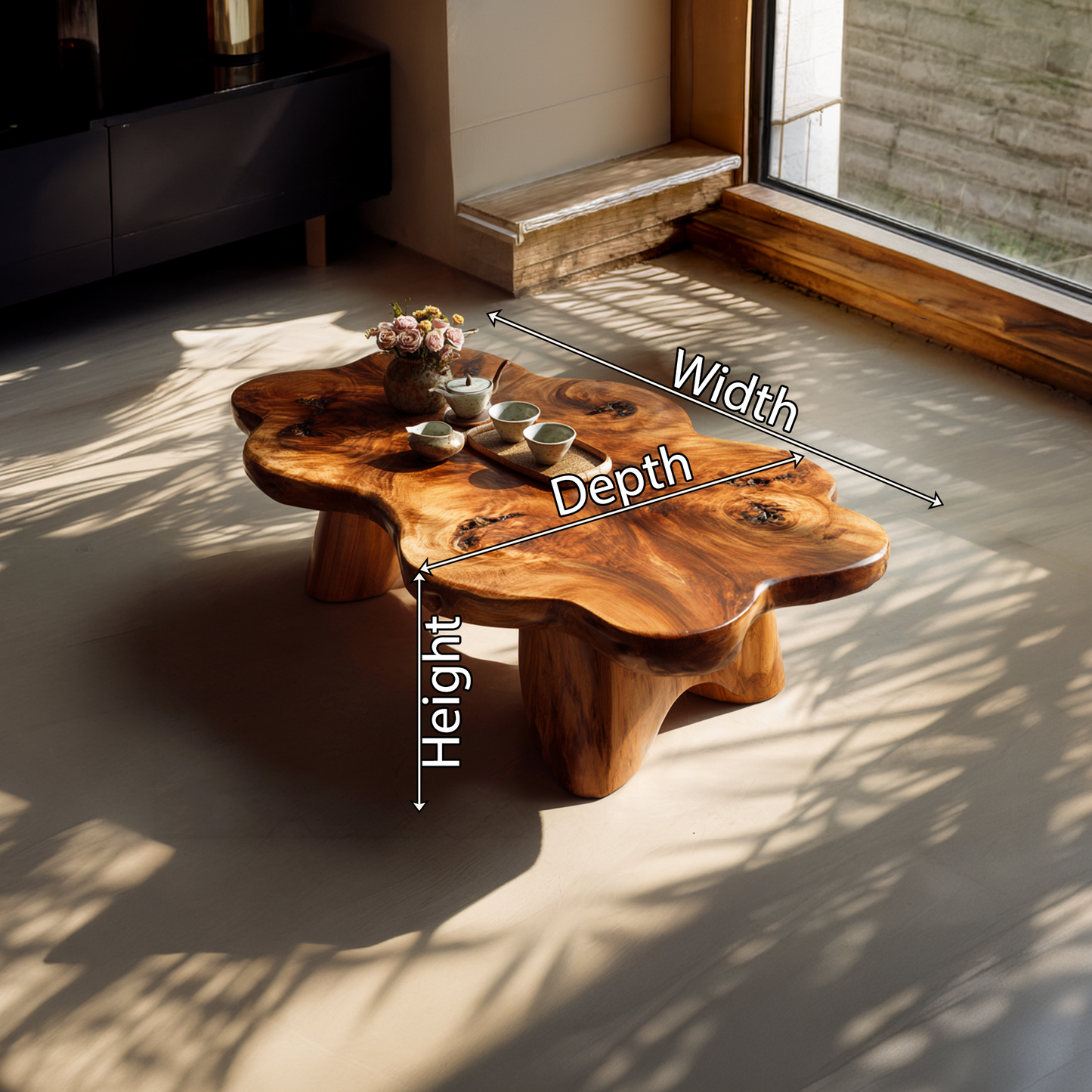 Organic Live Edge Coffee Table with Sculpted Solid Base
