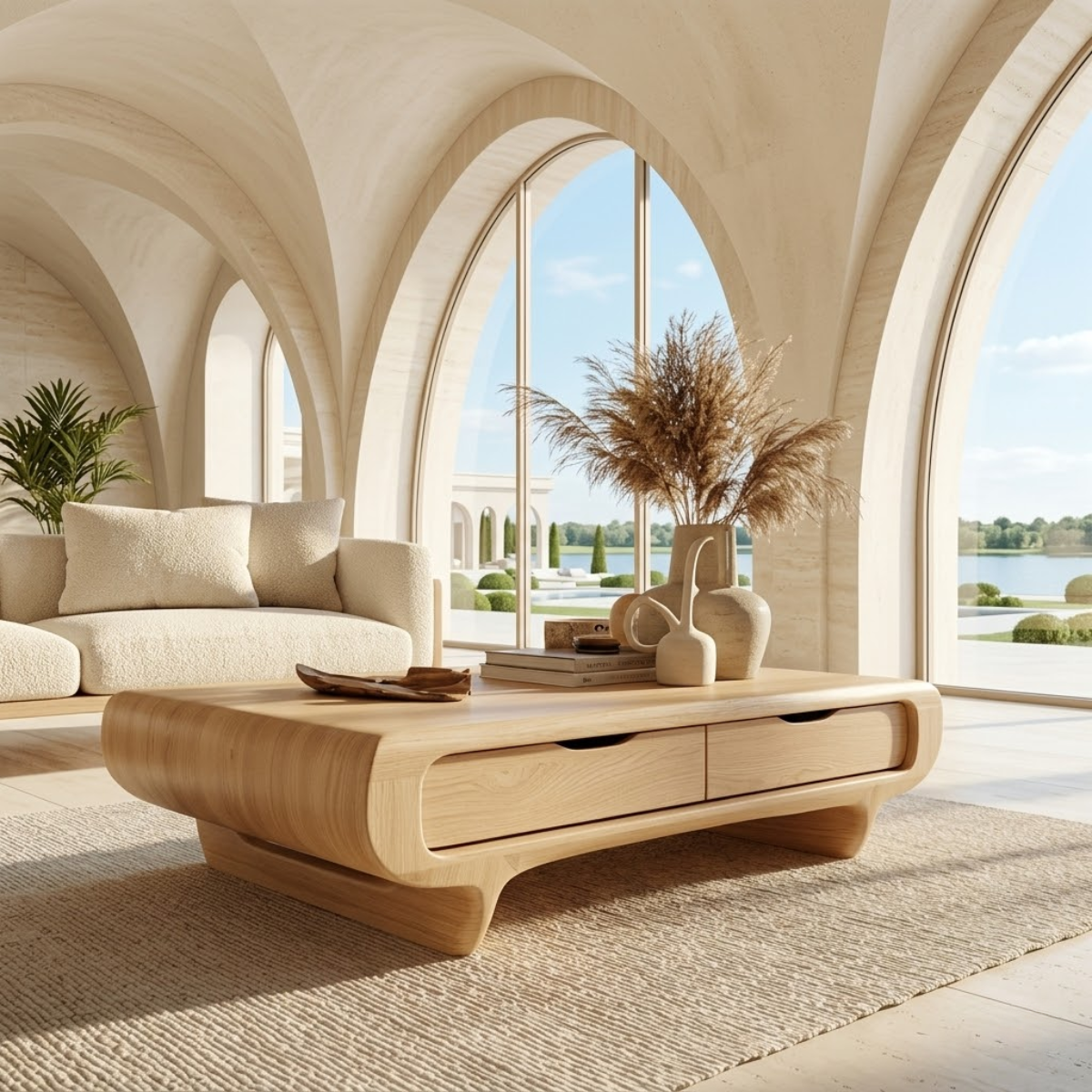 Modern Storage Coffee Table with Drawers, Rounded Minimalist Living Room Centerpiece