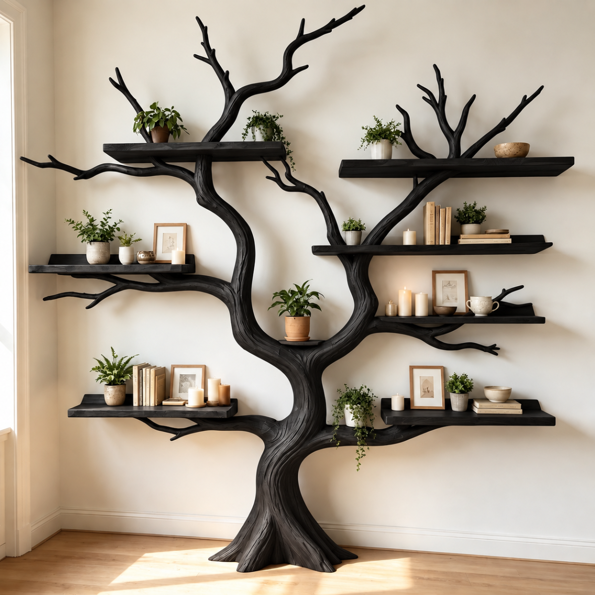 Handcrafted Solid Wood Tree Bookshelf with Organic Branch Shelves