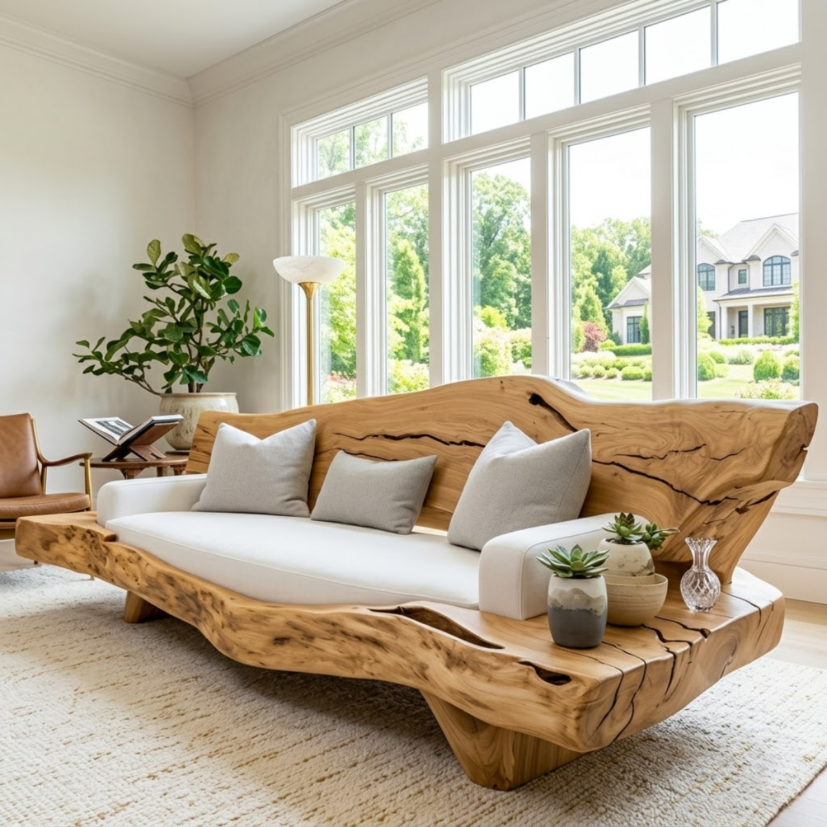 Organic Modern Wooden Sofa, Sculptural Statement Couch with White Cushion Seating