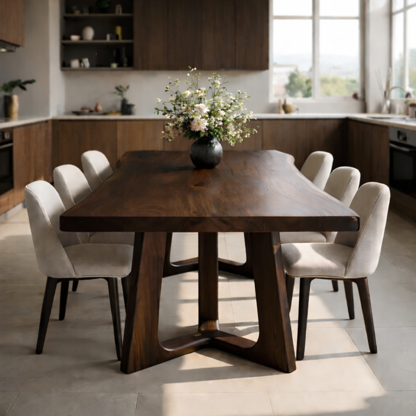 Organic Solid Wood Dining Table with Sculptural Pedestal Base