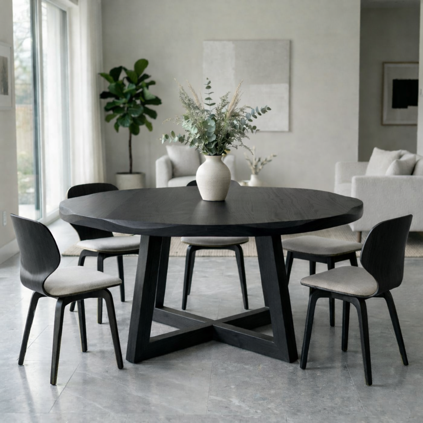 Round Solid Wood Dining Table for Dining Room with Sculptural Pedestal Base