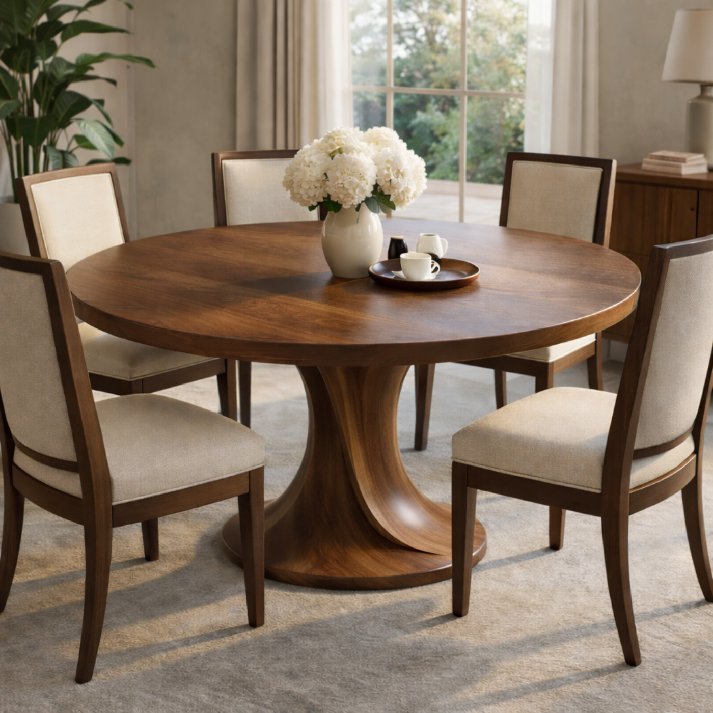 Round Solid Wood Dining Table for Modern Home with Pedestal Base