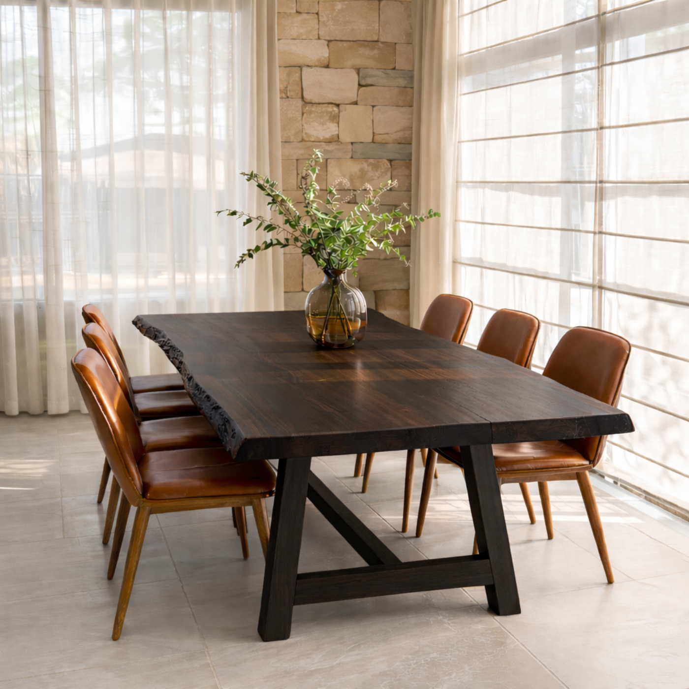 Live Edge Solid Wood Dining Table for Dining Room with Wooden Base