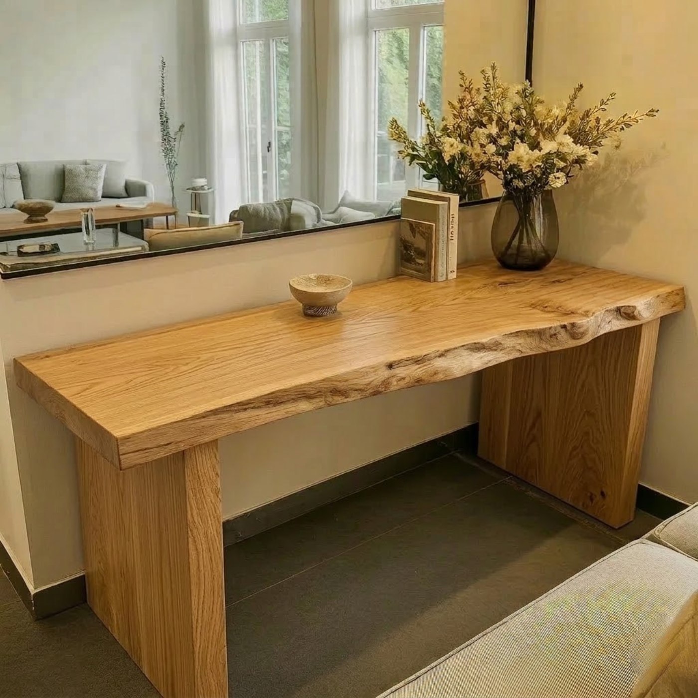 Solid Wood Console Table with Live Edge Top and Simple Block Base