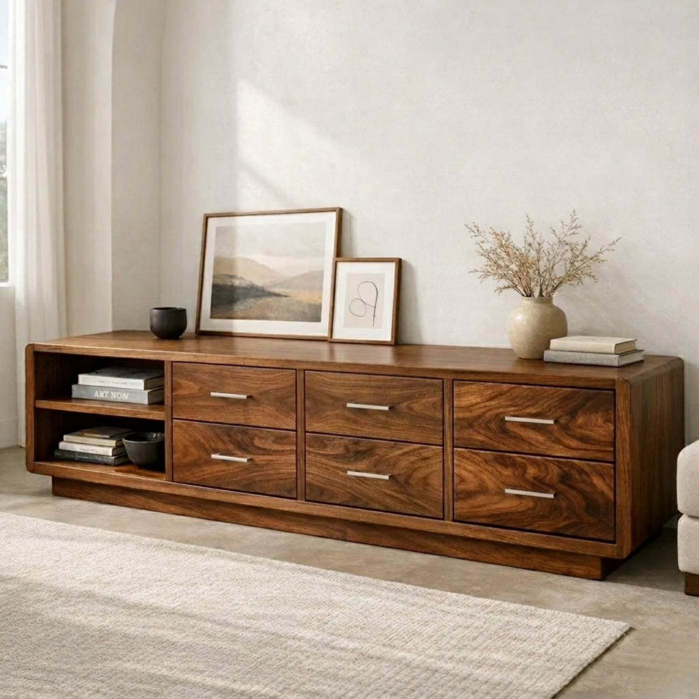 Solid Wood Modern TV Stand with Drawers and Open Shelf Storage