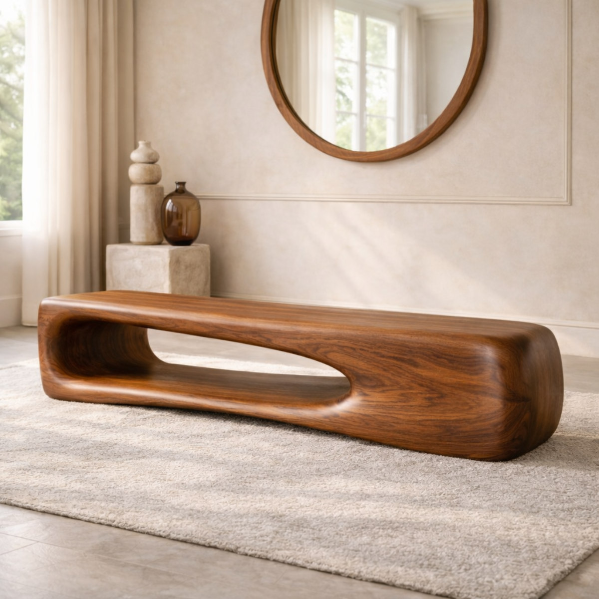 Modern Sculptural Wooden Entryway Bench, Curved Minimalist Hallway Seating Decor