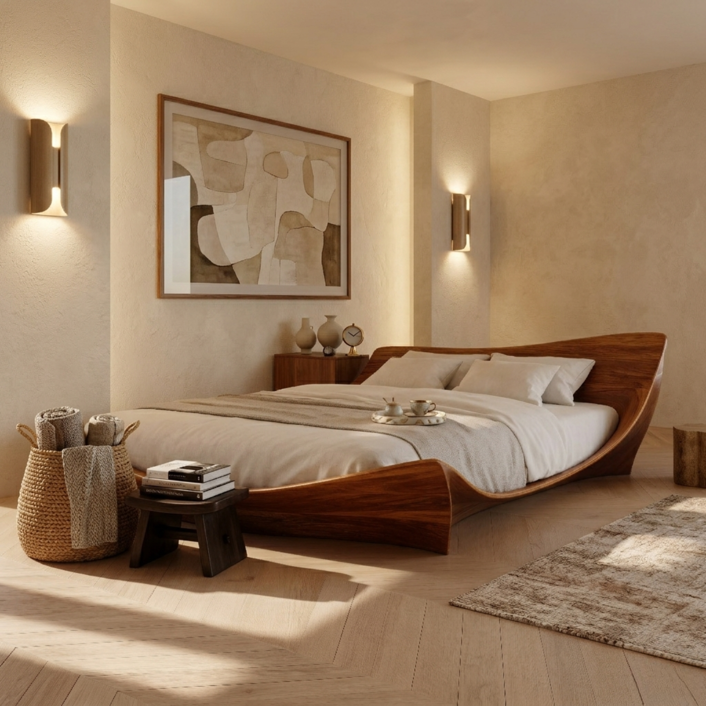 Solid Wood Platform Bed with Sculptural Curved Frame