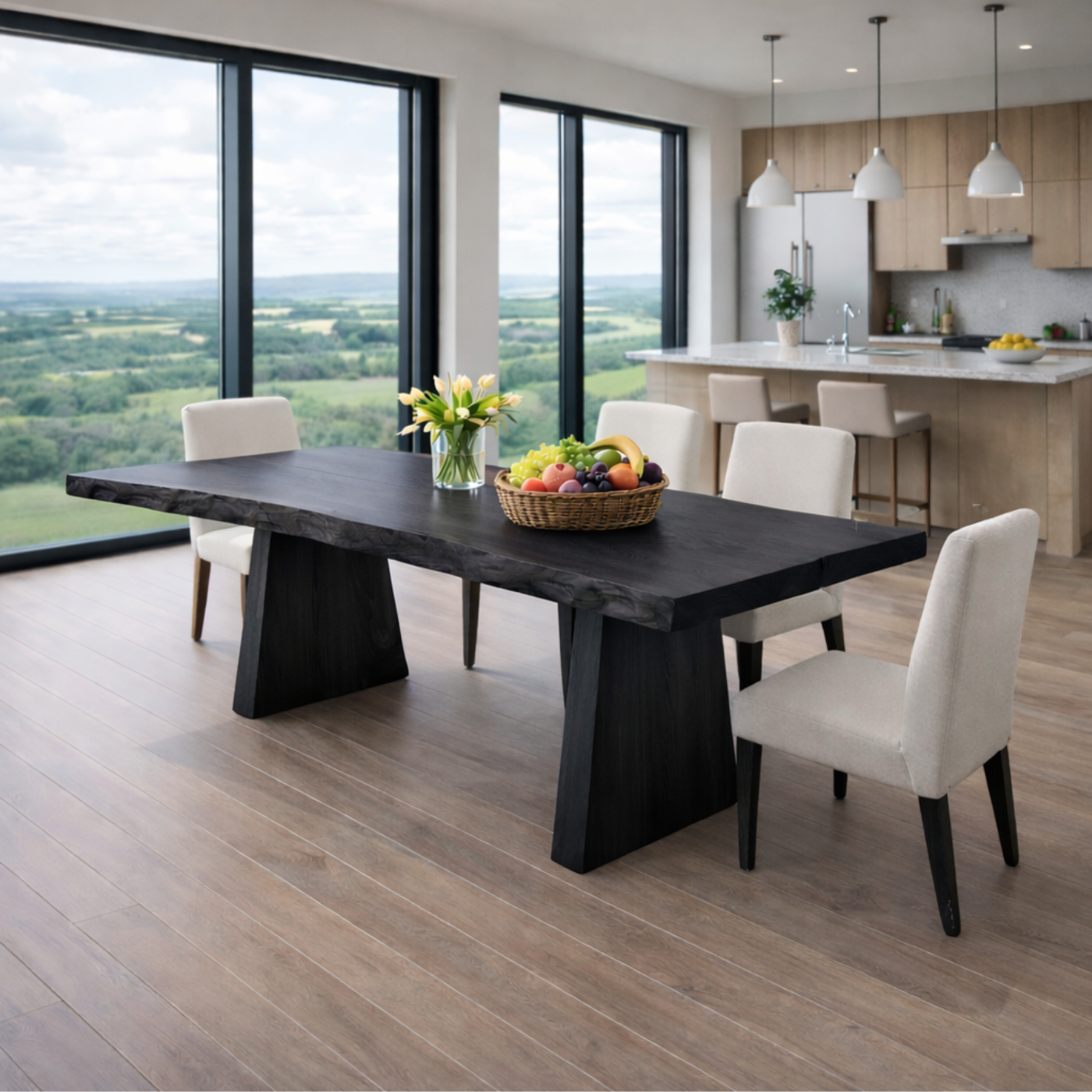 Contemporary Live Edge Solid Wood Dining Table with Architectural Base