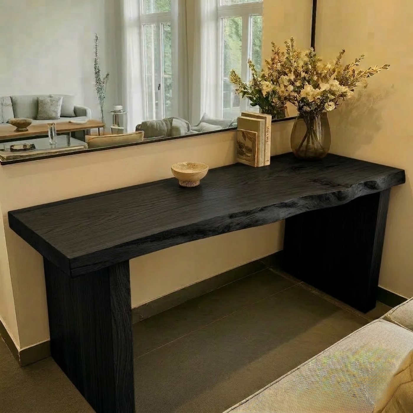 Solid Wood Console Table with Live Edge Top and Simple Block Base