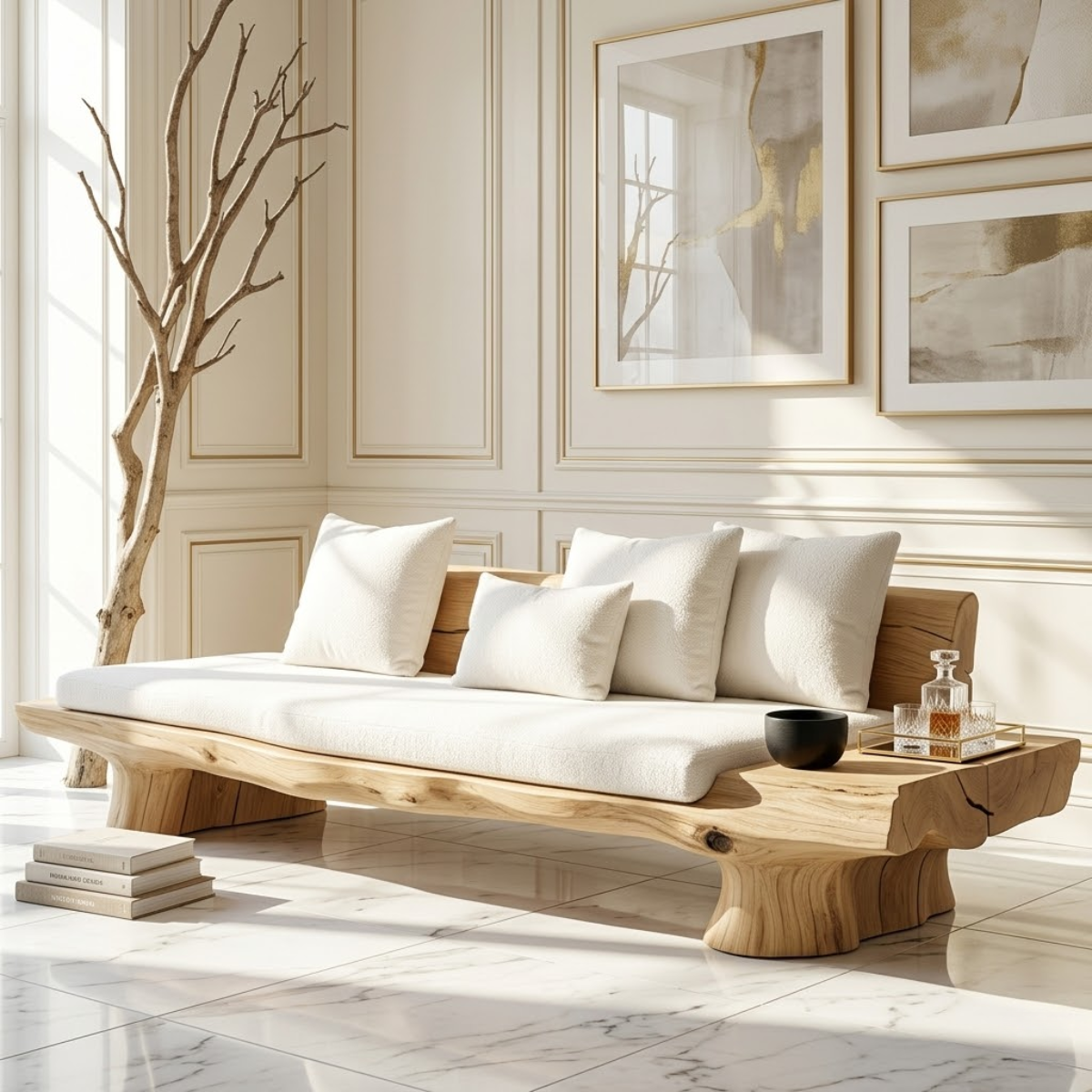 Organic Modern Wooden Sofa, Minimalist Statement Daybed with Plush Cream Cushions