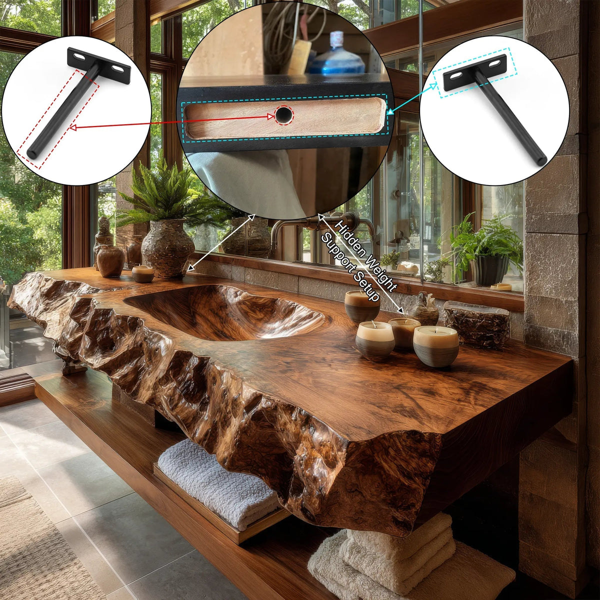 Alveric Sculpted Live Edge Solid Wood Floating Bathroom Vanity with Integrated Sink SPA365248 Kitchnce