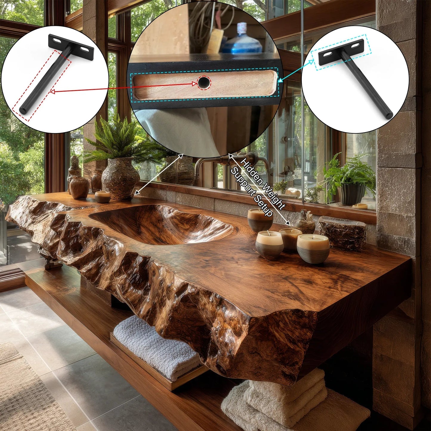 Alveric Sculpted Live Edge Solid Wood Floating Bathroom Vanity with Integrated Sink SPA365248 Kitchnce