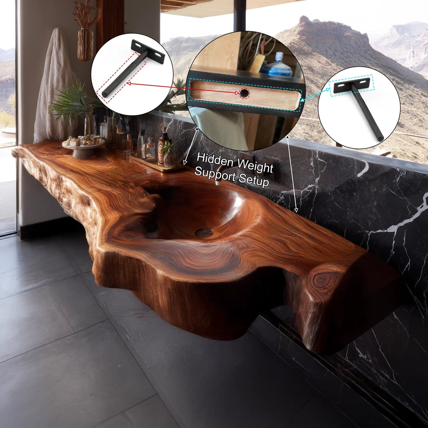 Ardento Sculpted Live Edge Solid Wood Floating Bathroom Vanity with Integrated Sink SPA353452 Kitchnce