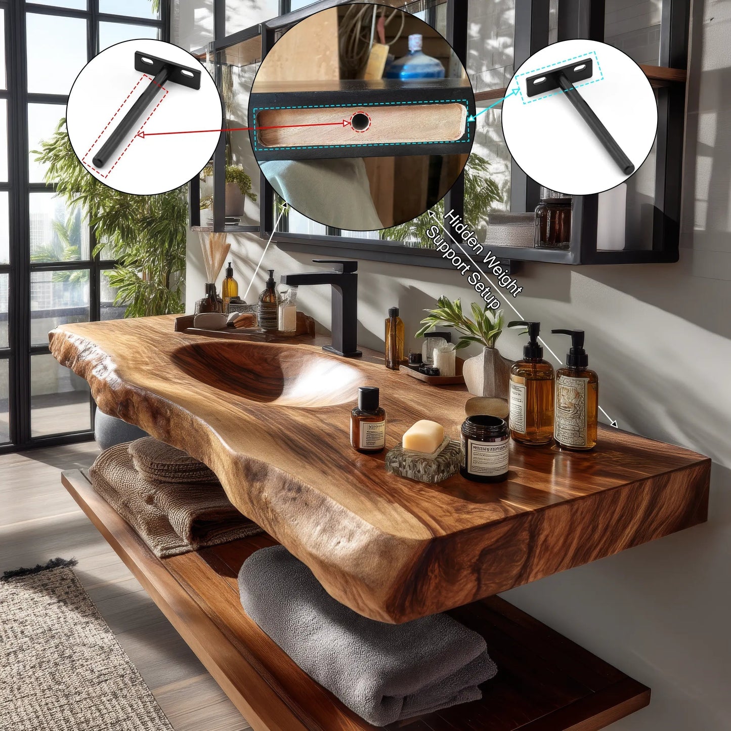 Arvion Live Edge Solid Wood Floating Bathroom Vanity with Integrated Sink SPA951365 Kitchnce