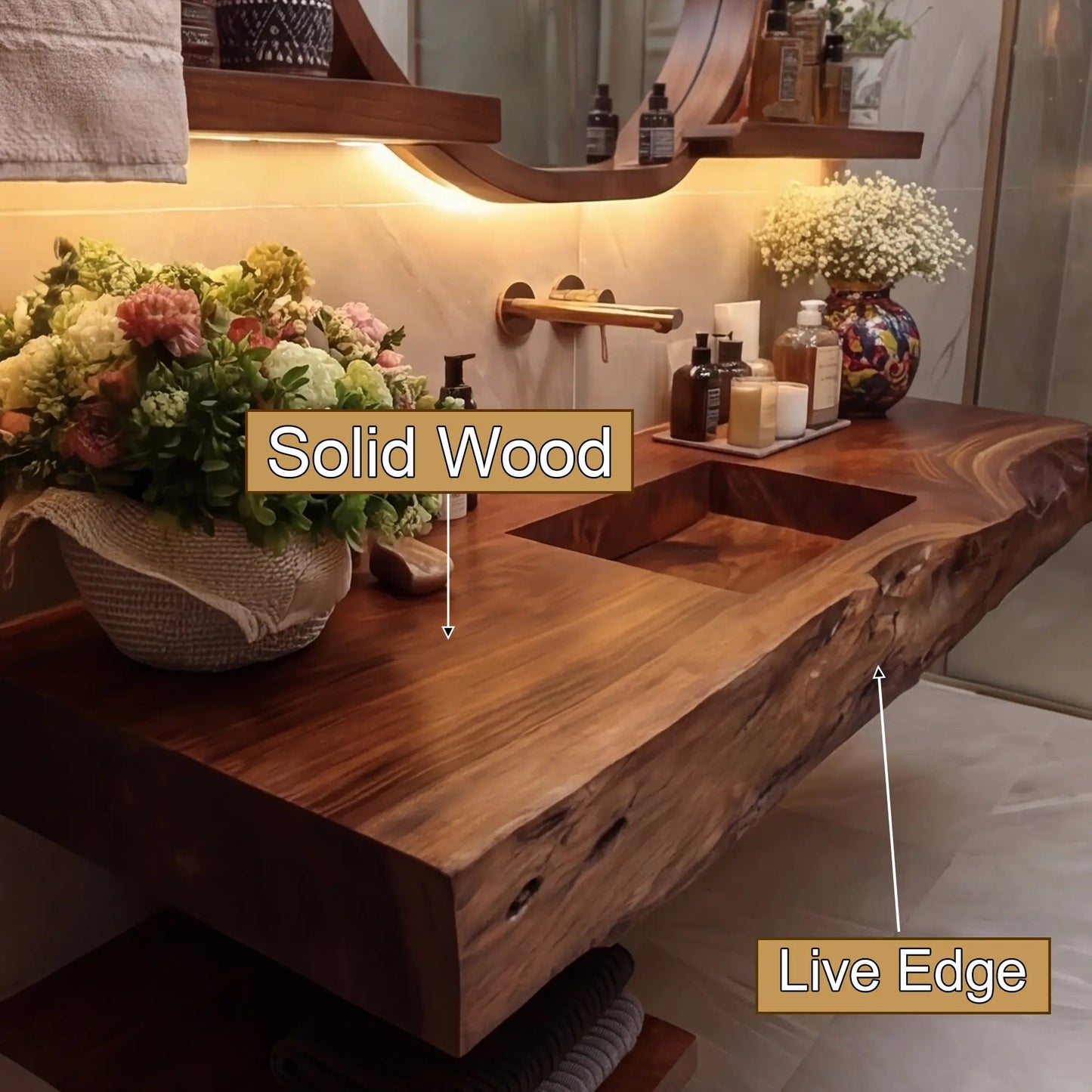 Bravion Live Edge Solid Wood Floating Bathroom Vanity with Integrated Sink SPA912538 Kitchnce
