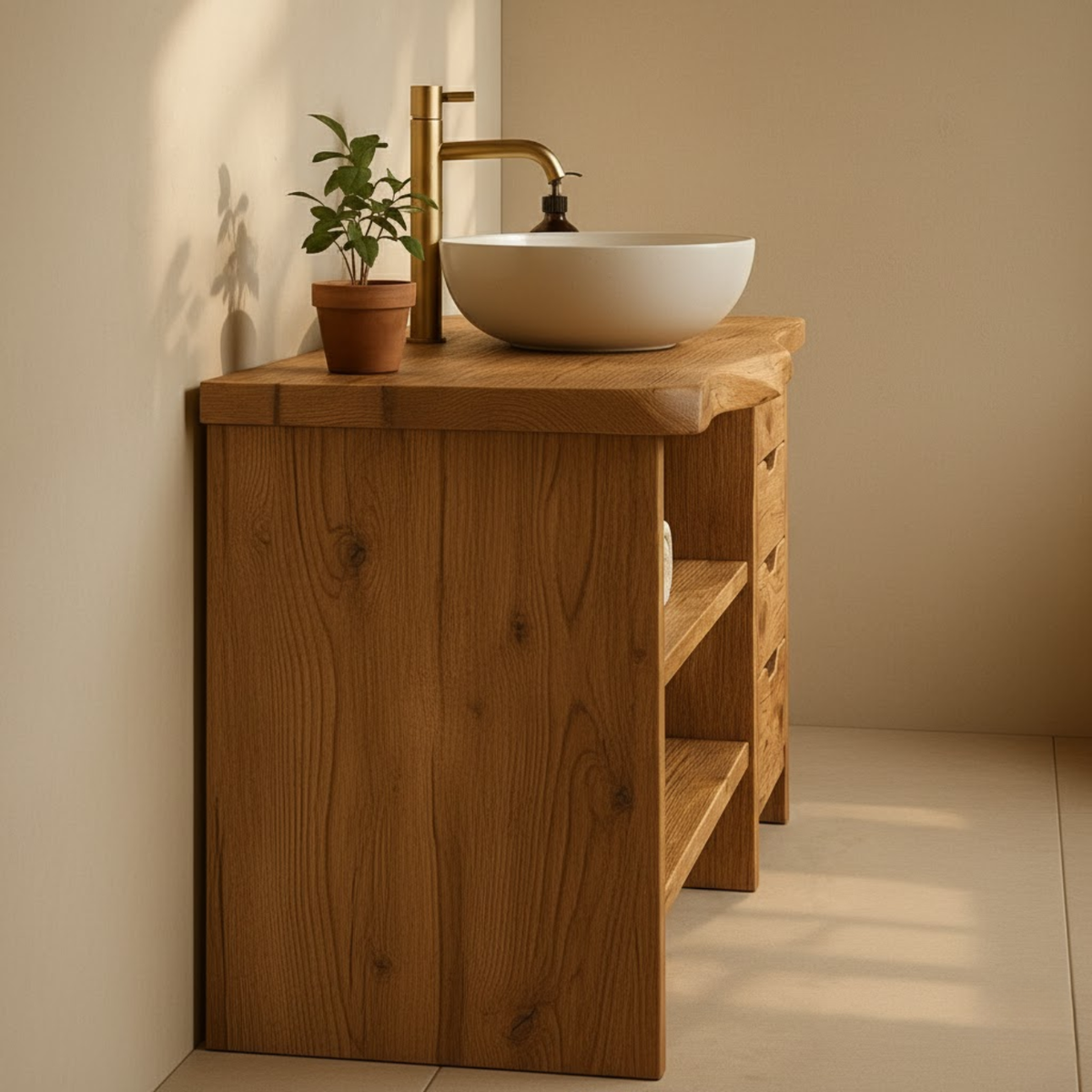Handcrafted Solid Wood Bathroom Vanity with Live Edge Oak Top and 4 Drawers