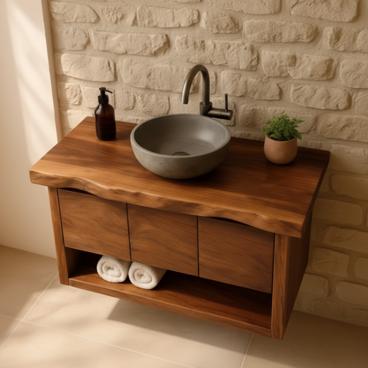 Handcrafted Solid Wood Floating Bathroom Vanity with Live Edge Top - Rustic Modern Washstand Kitchnce