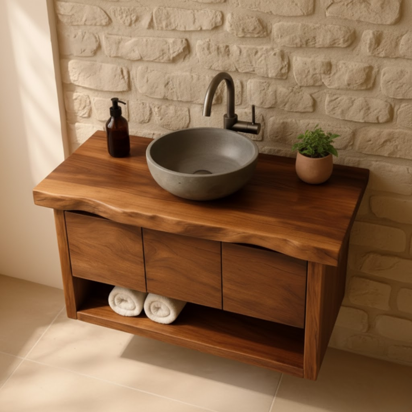 Handcrafted Solid Wood Floating Bathroom Vanity with Live Edge Top - Rustic Modern Washstand Kitchnce