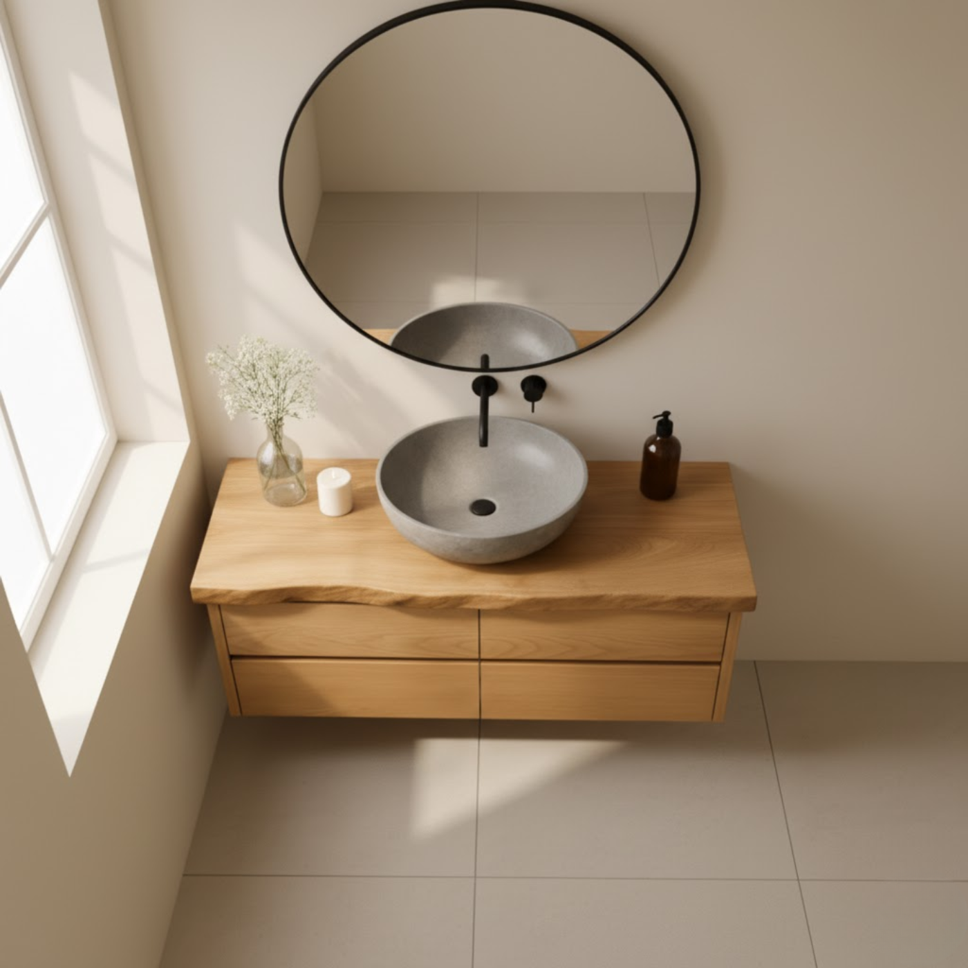 Handcrafted Solid Wood Floating Bathroom Vanity with Live Edge Top - Minimalist Modern Design Kitchnce
