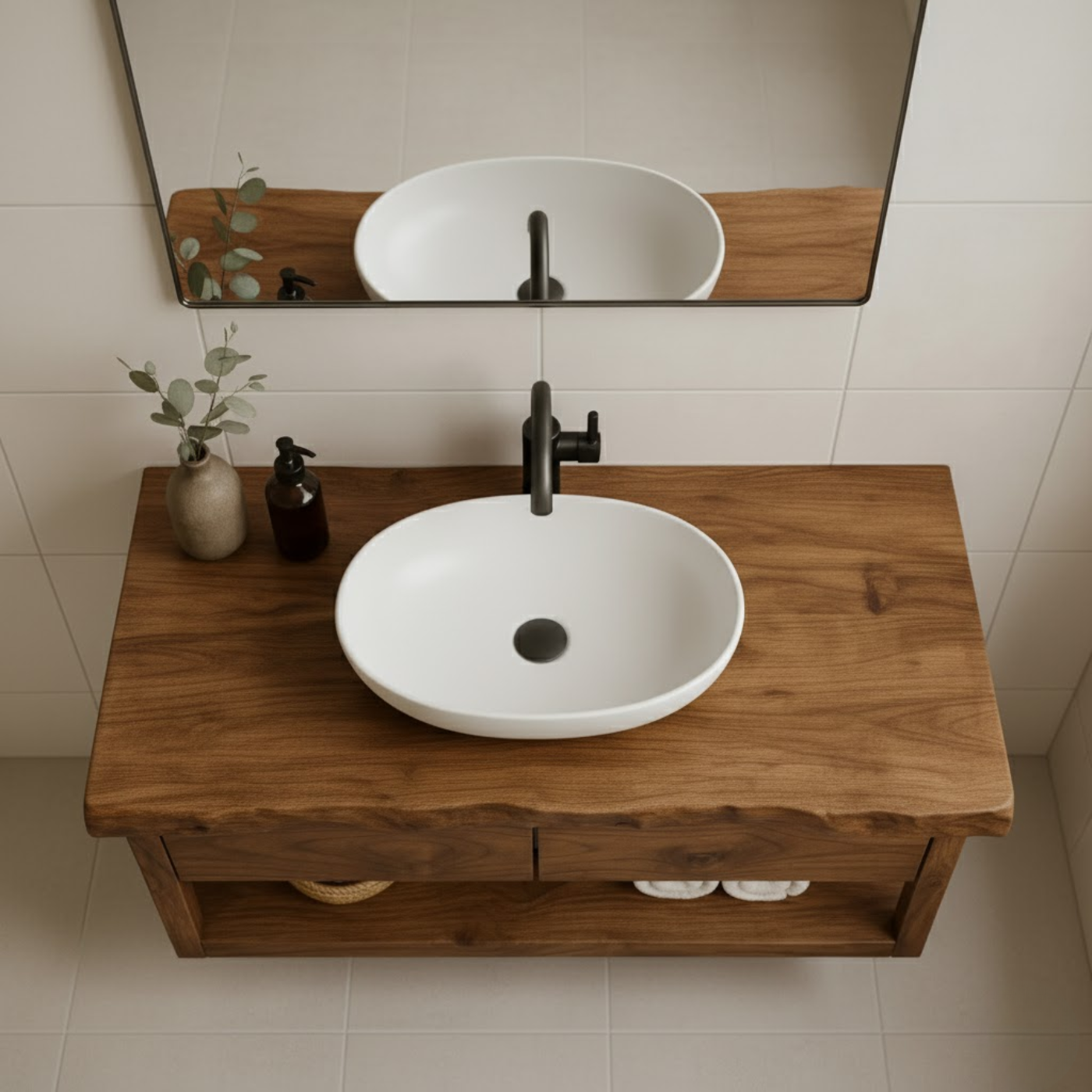 Handcrafted Solid Wood Floating Bathroom Vanity with Live Edge Top - Modern Rustic Washstand Kitchnce