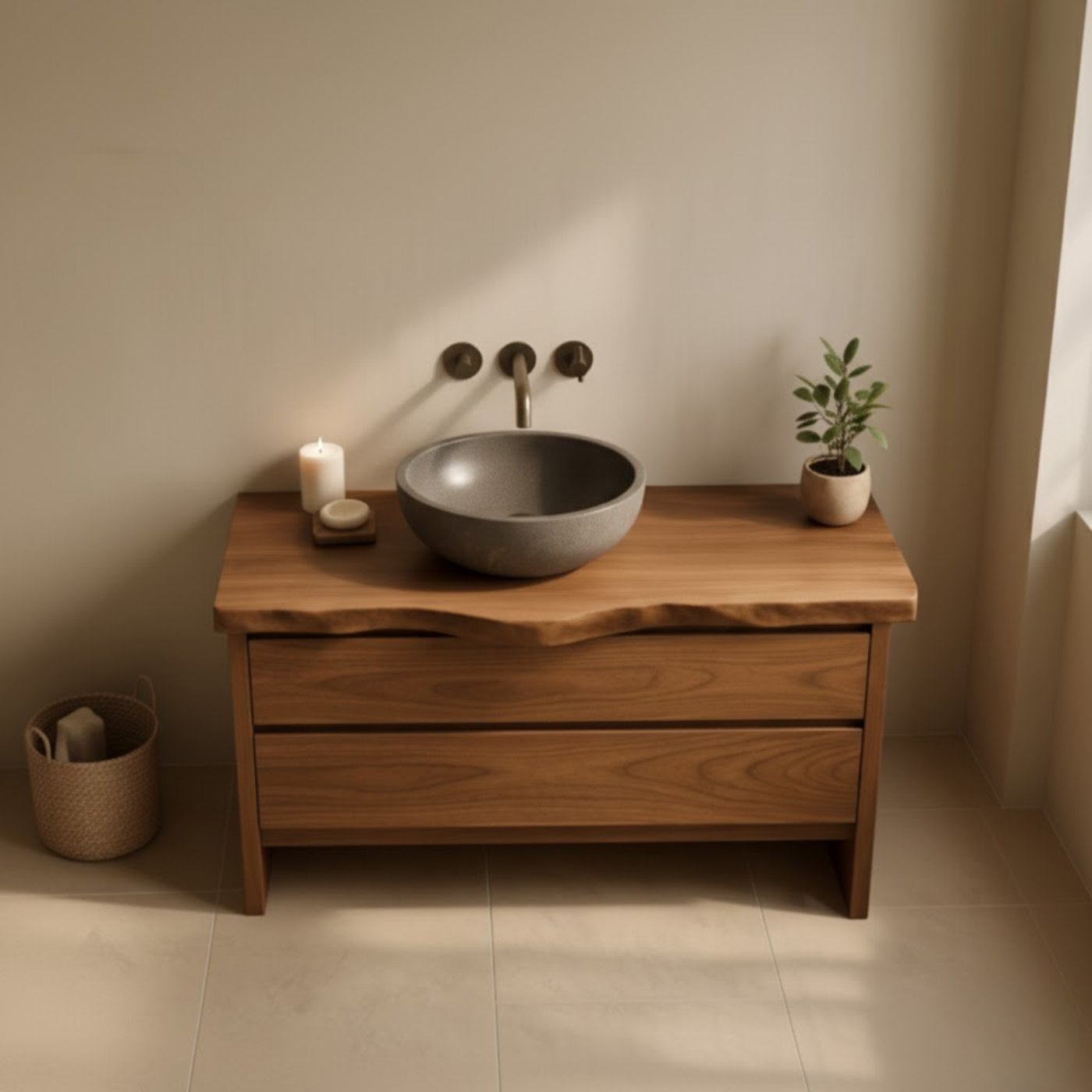 Handcrafted Solid Wood Bathroom Vanity with Live Edge Top - Rustic Modern Washstand Kitchnce