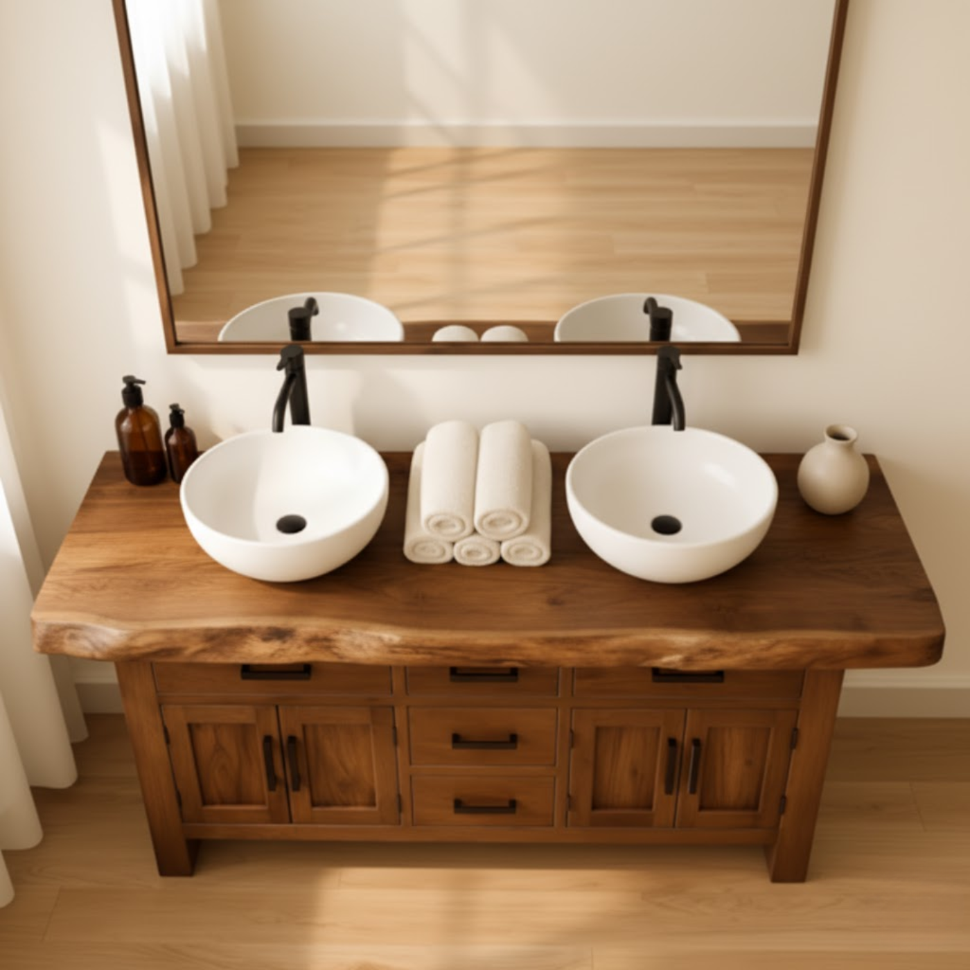 Handcrafted Solid Wood Bathroom Vanity - Live Edge Rustic Cabinet with Doors & Sink Kitchnce