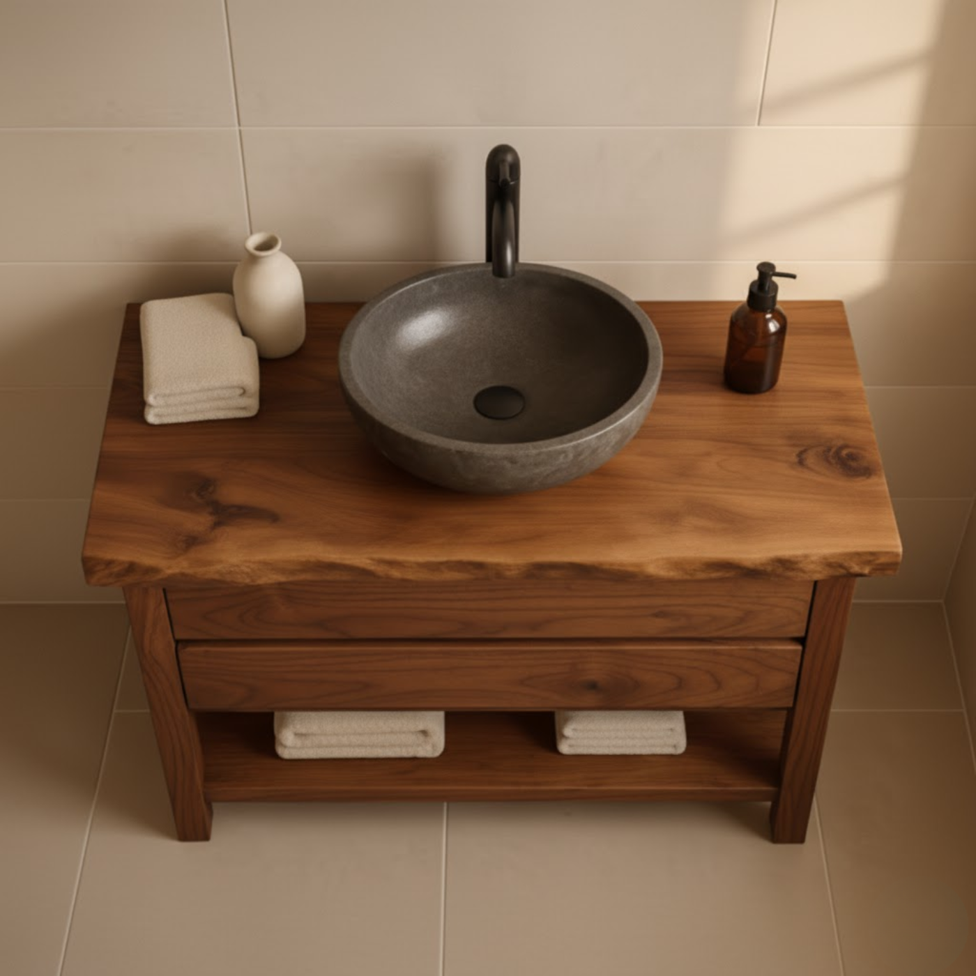 Handcrafted Solid Wood Bathroom Vanity - Live Edge Dark Wood Cabinet & Open Shelf Kitchnce