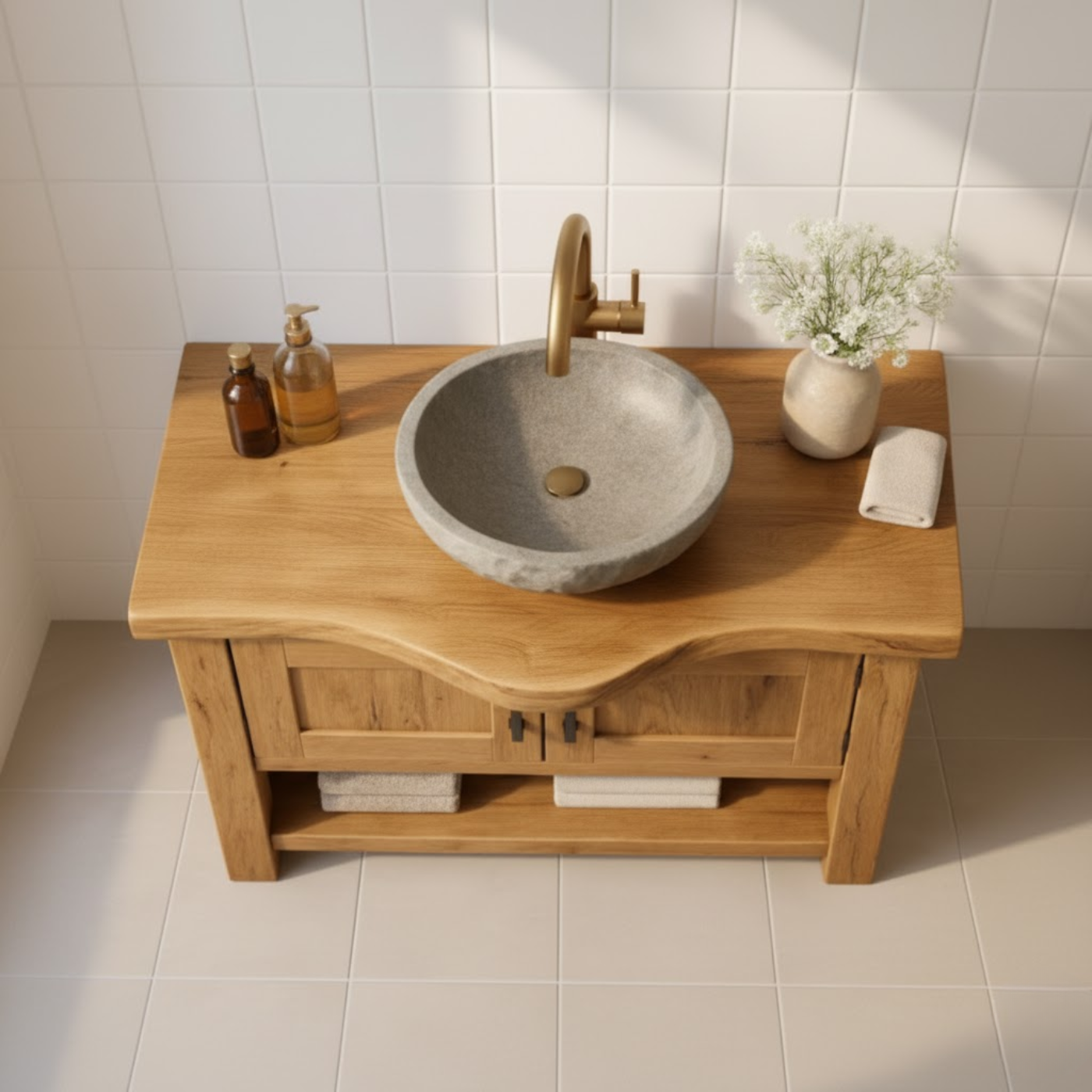 Handcrafted Solid Wood Bathroom Vanity - Rustic Live Edge Cabinet & Open Shelf Kitchnce