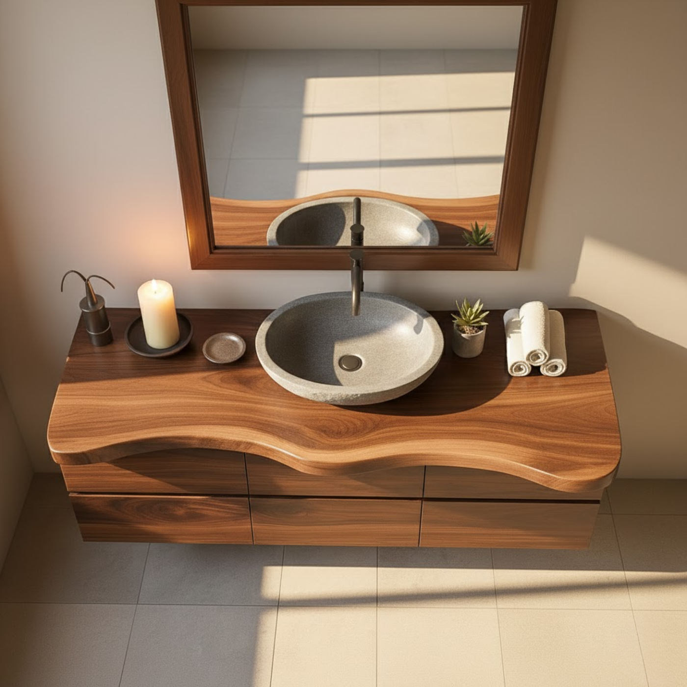 Handcrafted Solid Wood Vanity - Wide Floating Live Edge Cabinet with Drawers Kitchnce