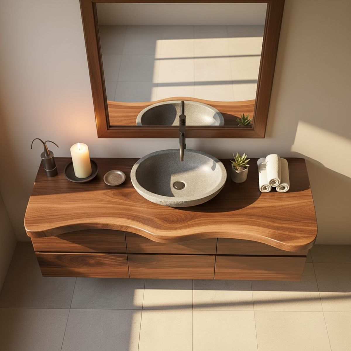 Handcrafted Solid Wood Vanity - Wide Floating Live Edge Cabinet with Drawers Kitchnce