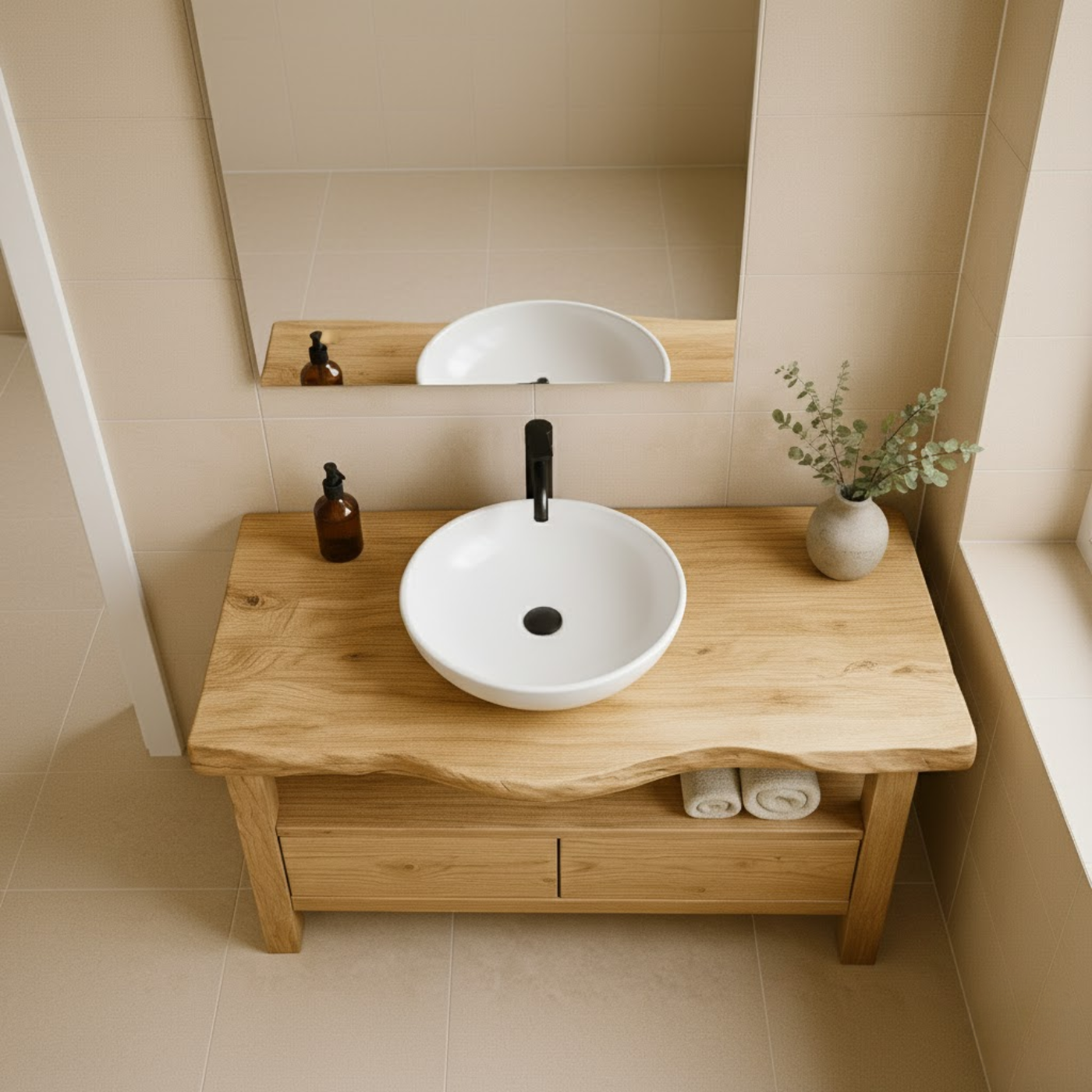 Handcrafted Solid Wood Bathroom Vanity - Live Edge Rustic Stand with Drawers & Shelf Kitchnce