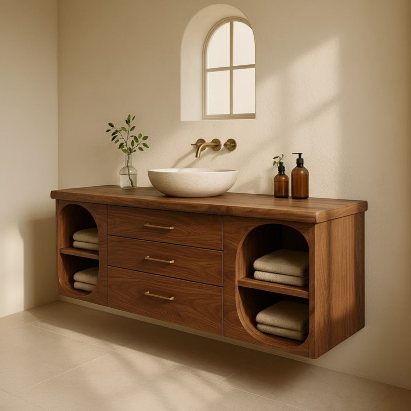 Handcrafted Solid Wood Floating Vanity - Modern Wall-Mounted Cabinet with Arches Kitchnce