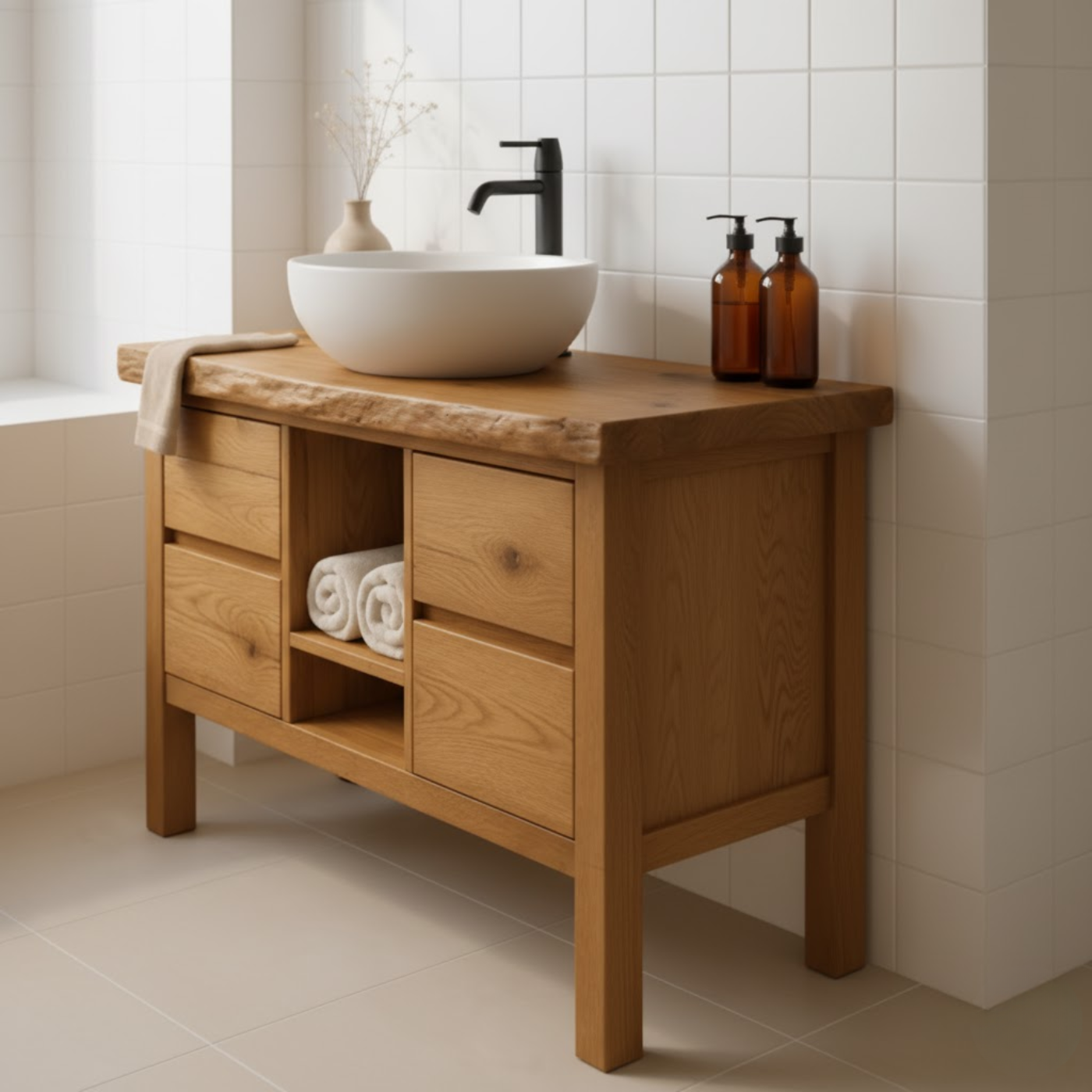 Handcrafted Solid Wood Bathroom Vanity - Live Edge Top with Drawers & Open Shelf Storage Kitchnce