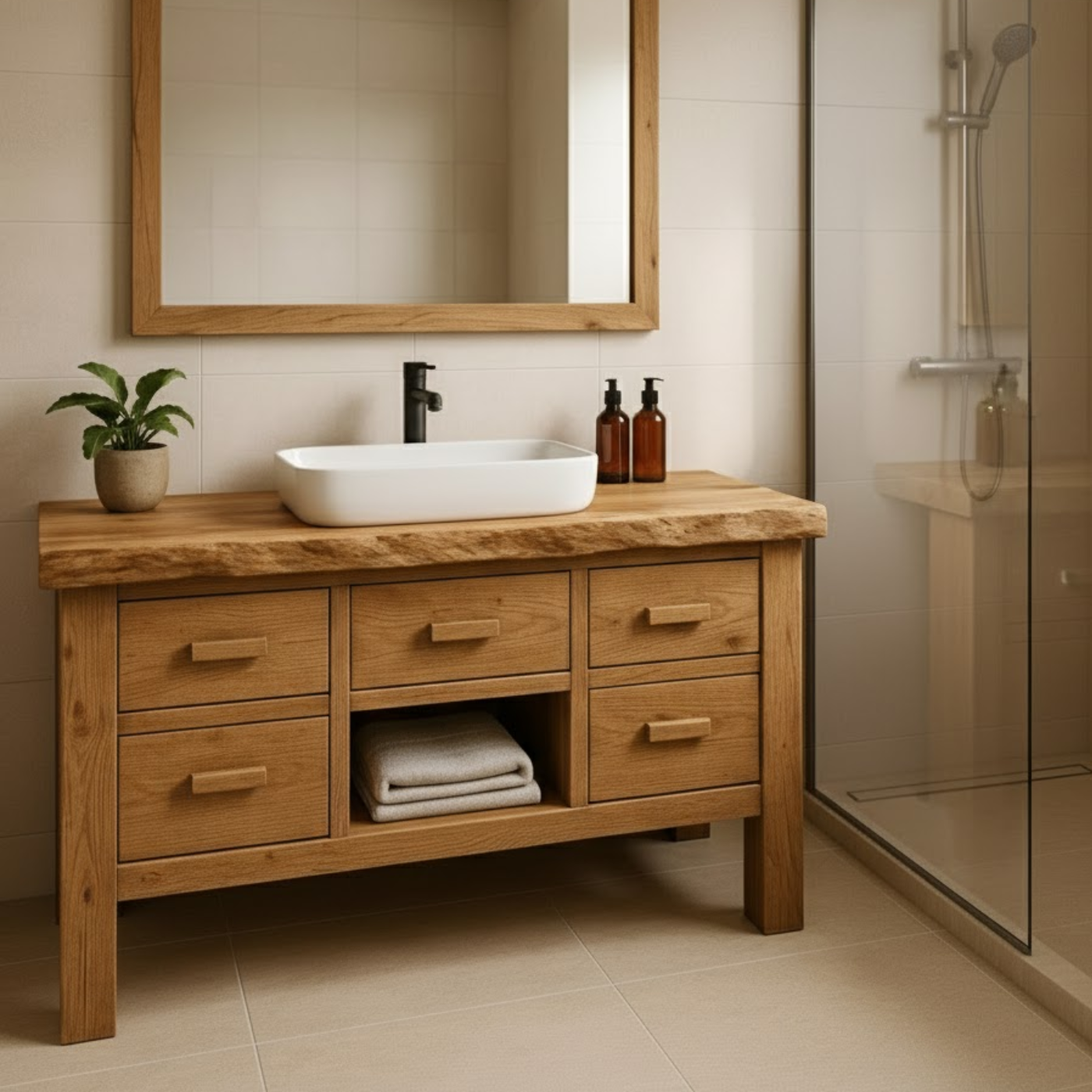 Handcrafted Solid Wood Bathroom Vanity - Live Edge Storage Cabinet with 6 Drawers & Shelf Kitchnce