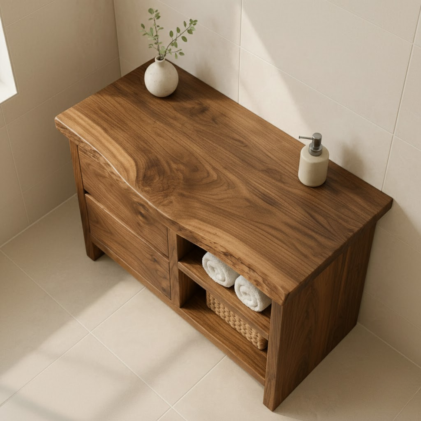 Handcrafted Solid Wood Bathroom Vanity - Rustic Drawers & Open Shelf Kitchnce