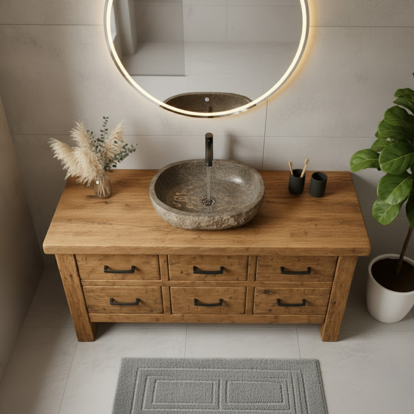 Handcrafted Soild Wood Bathroom Vanity - Farmhouse Storage Cabinet with 6 Drawers Kitchnce