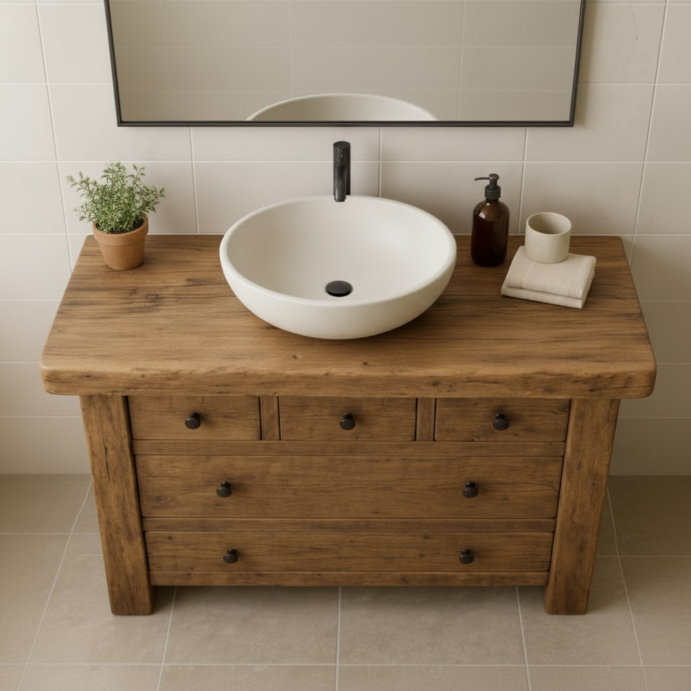 Handcrafted Solid Wood Single Bathroom Vanity - Rustic Storage Cabinet with Drawers Kitchnce