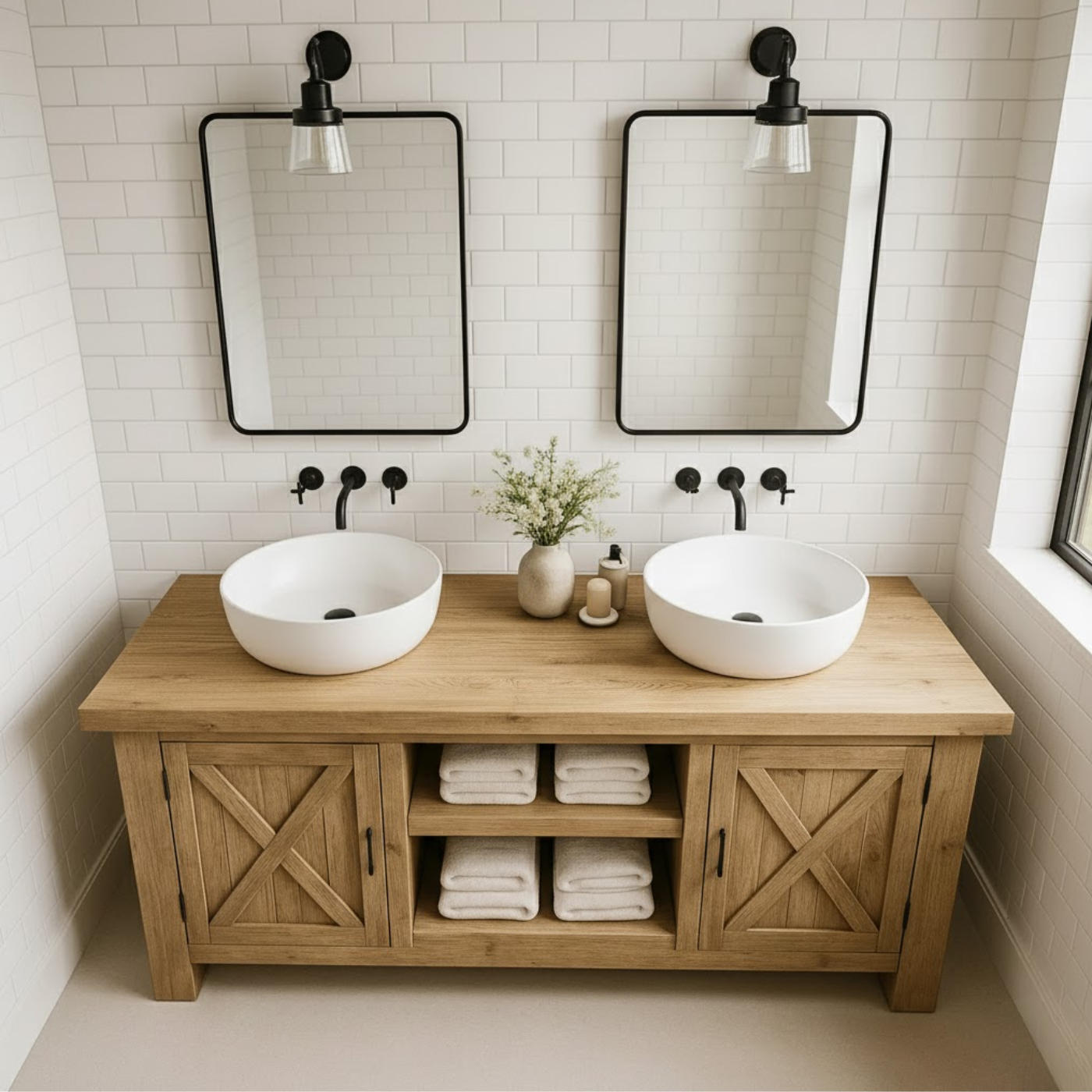 Handcrafted Solid Wood Bathroom Vanity - Farmhouse Double Sink Cabinet - Rustic Oak Storage Furniture Kitchnce