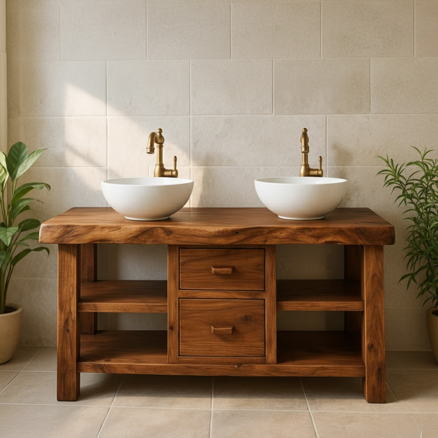 Solid Wood Double Bathroom Vanity with Open Shelving and Center Drawers