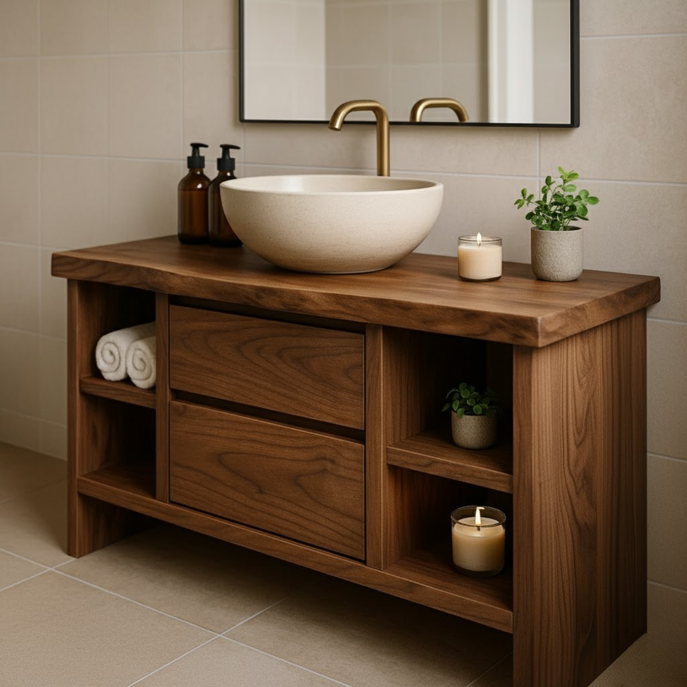 Handcrafted Solid Wood Single Vanity - Rustic Walnut Live Edge Bathroom Console Kitchnce