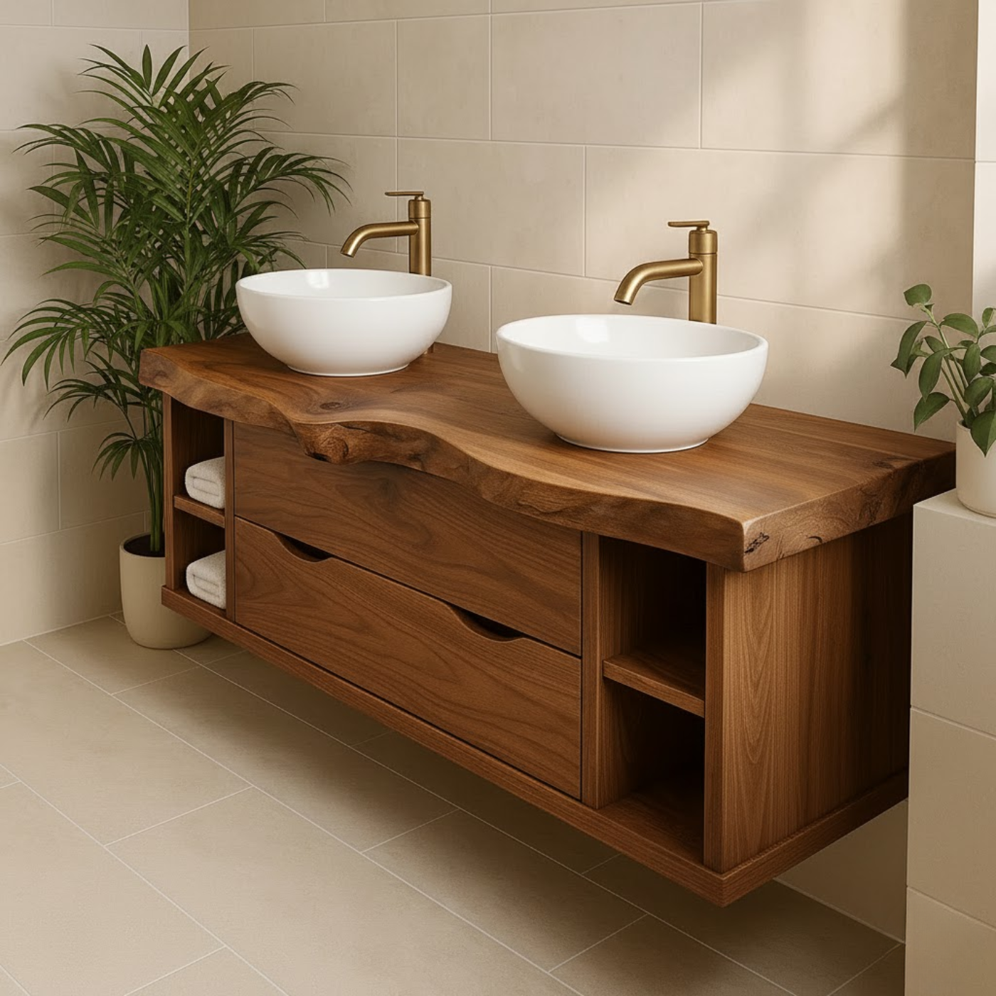 Handcrafted Solid Wood Live-Edge Double Vanity - Rustic Floating Console with Storage Kitchnce